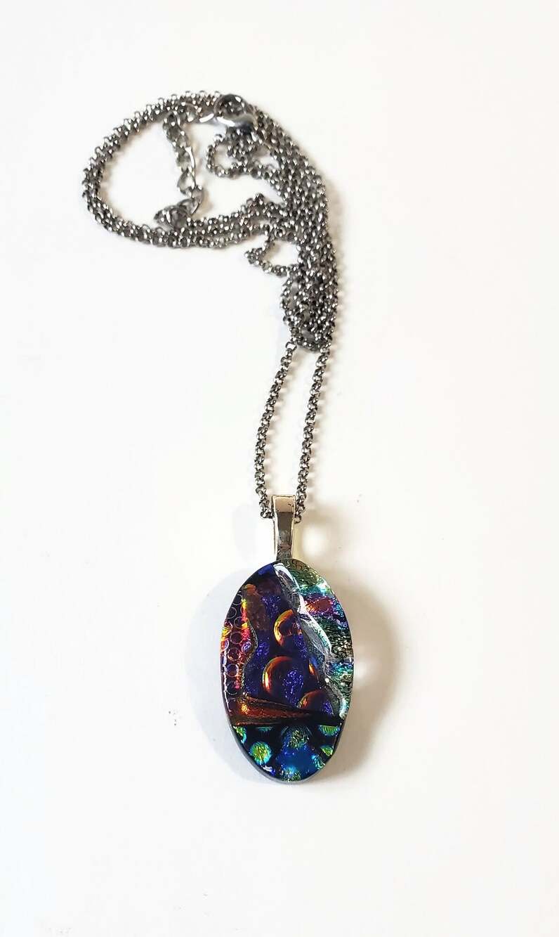 Purple Orange Blue & Green Dichroic Glass Pendant Silver Tone Necklace Signed DB